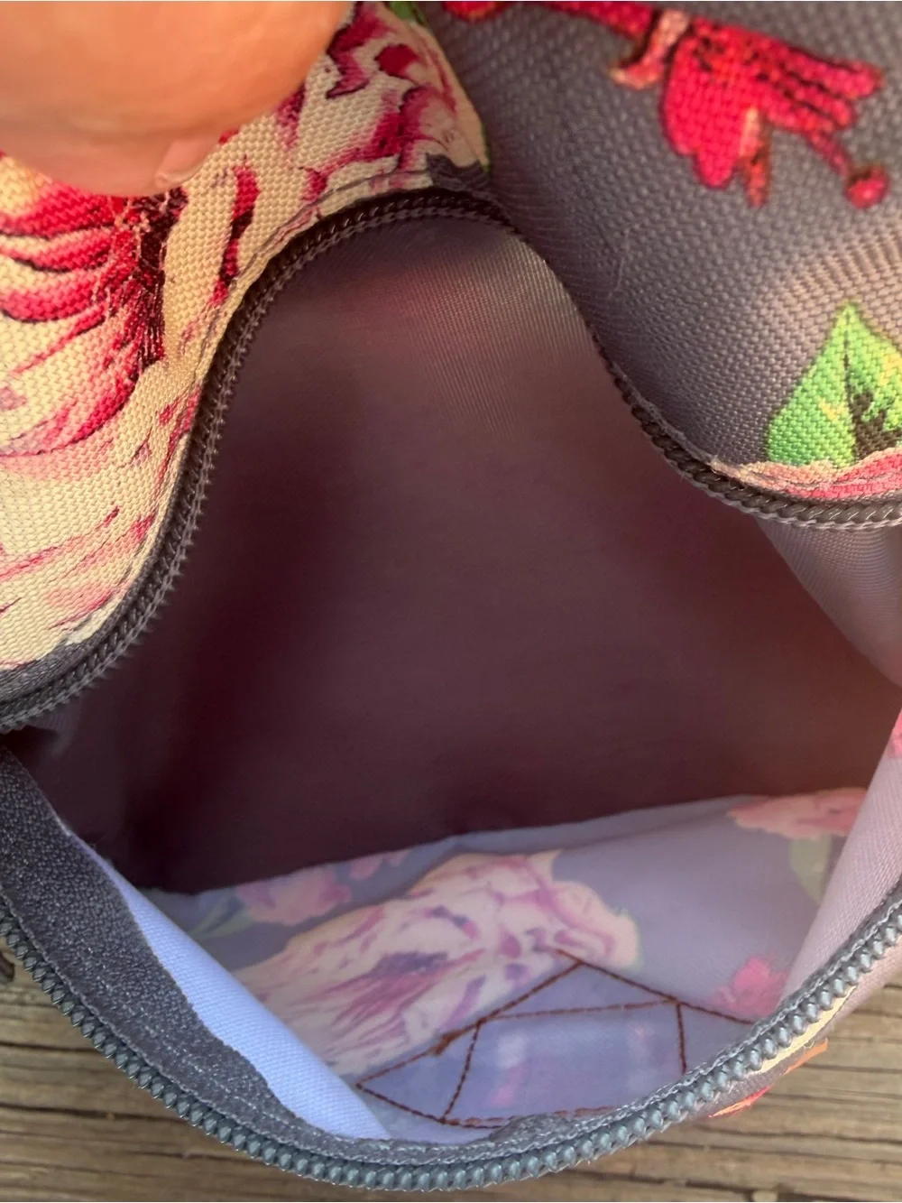 JanSport City View Floral Backpack Gray Pink Roses Faux Leather Bottom Bag